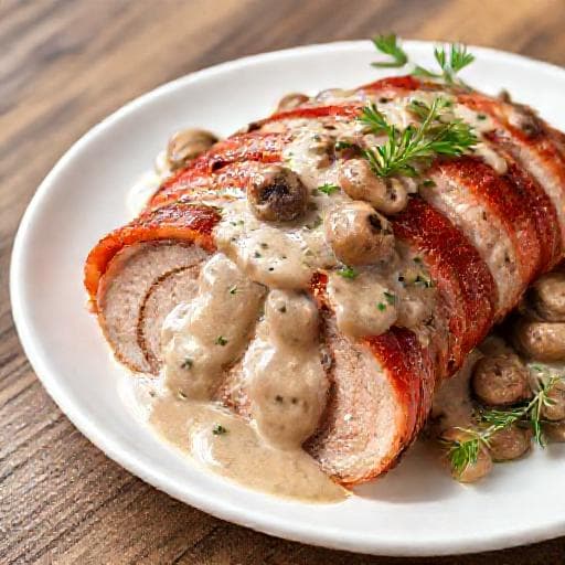 Mușchiuleț de porc învelit în bacon cu sos de ciuperci