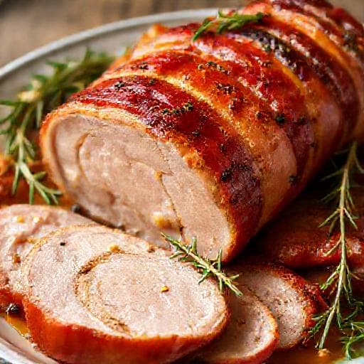 Mușchiuleț de porc învelit în bacon cu ierburi aromatice și muștar