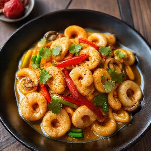 กุ้งผัดผงกะหรี่ทะเล (ใส่เห็ดและพริกหวาน)