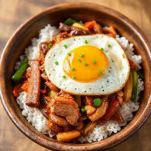 ข้าวหน้าหมูเกาหลีทรงเครื่อง (เพิ่มผักและเห็ด)