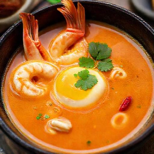 ต้มยำกุ้งน้ำข้นทรงเครื่อง (ใส่เห็ดเข็มทองและไข่)