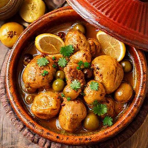 طاجين الدجاج التقليدي بالزيتون والليمون المخلل