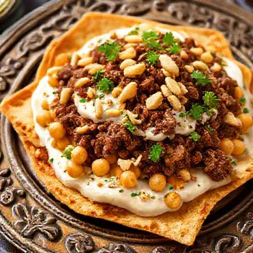 فتة حمص باللحمة المفرومة والصنوبر