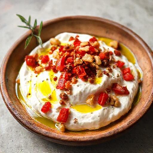 لبنة بالزيت مع الفلفل المحمص والجوز