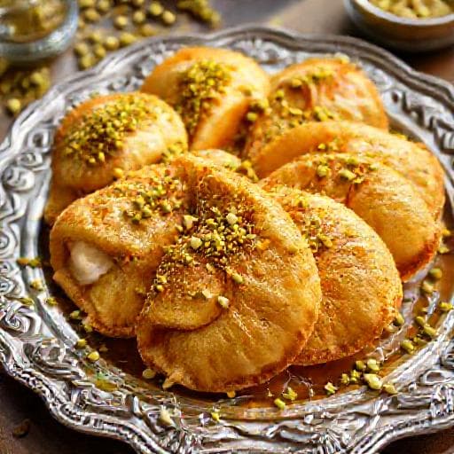 قطايف بالقشطة والفستق الحلبي (لمسة شامية)