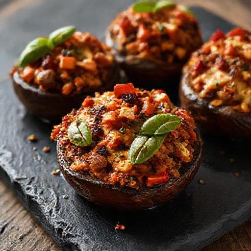 Μανιτάρια Portobello Γεμιστά με Πικάντικο Λουκάνικο και Τυρί Μετσοβόνε