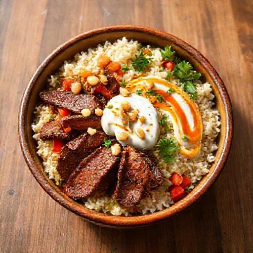 Spicy Lamb Shawarma Rice Bowl with Harissa Yogurt