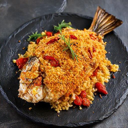 Lubina al Horno con Costra de Patatas y Pimientos
