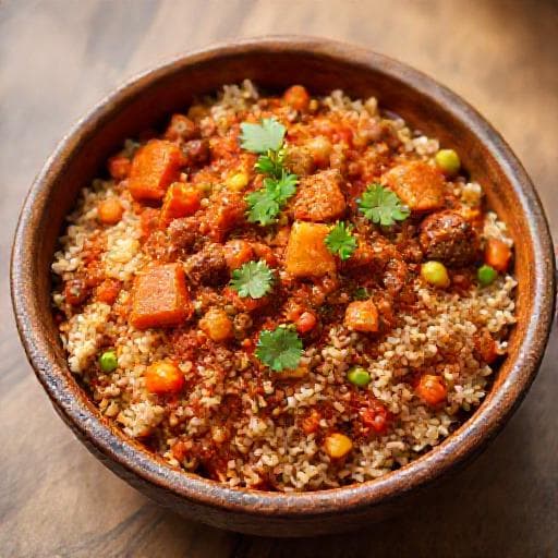 برغل بالبندورة مع الخضار واللحم المفروم
