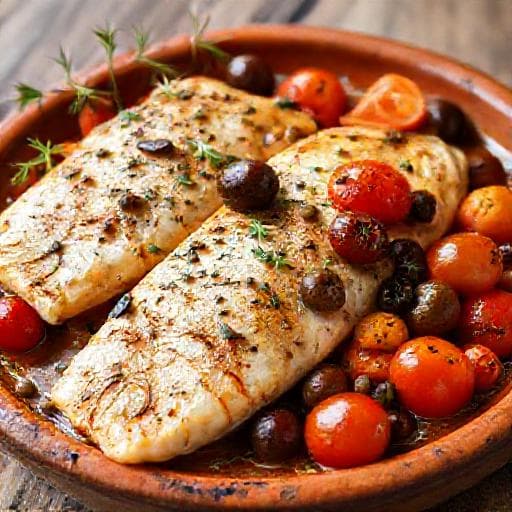 Catfish Baked with Tomatoes, Olives, and Capers