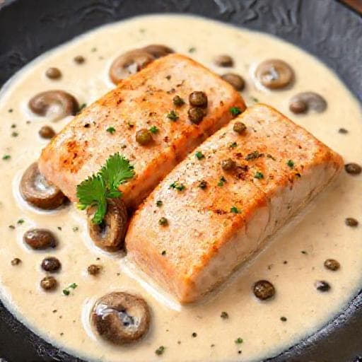 Salmon in Cream Sauce with Mushrooms and Capers