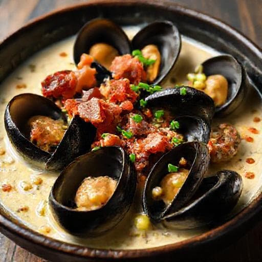 Mussels in Cream Sauce with Bacon and Leeks