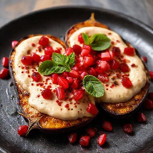 Spicy Roasted Eggplant with Tahini and Pomegranate