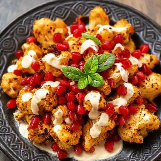 Spiced Roasted Cauliflower with Tahini-Yogurt Sauce and Pomegranate