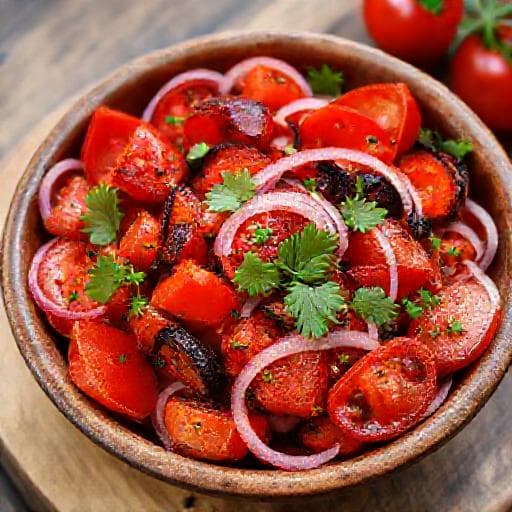 Traditional Bulgarian Salad with Roasted Peppers and Tomatoes (Salata s domati i pecheni chushki)