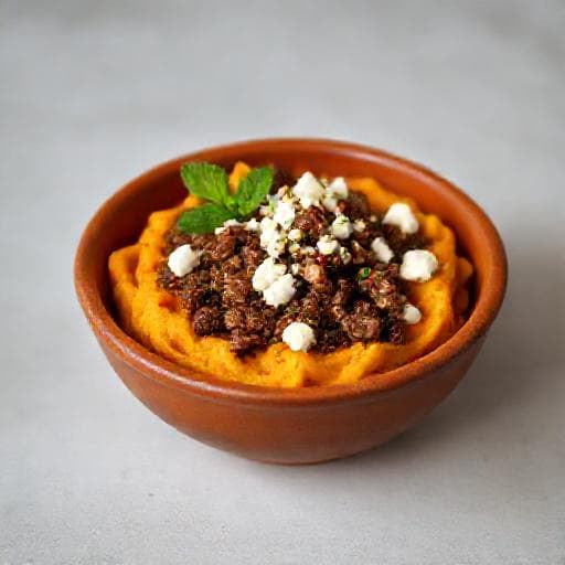 Spicy Sweet Potato Bowl with Spiced Lamb and Feta-Cottage Cheese
