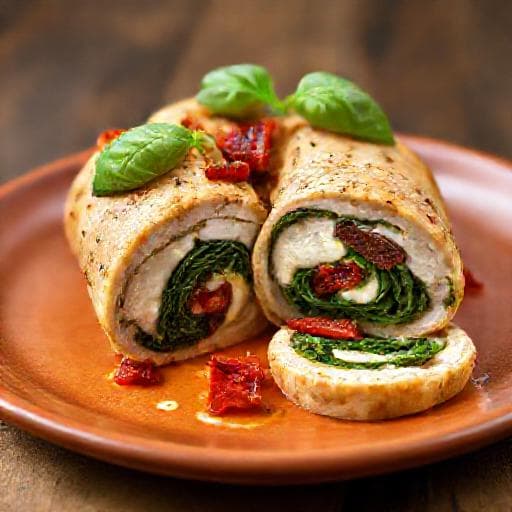 Chicken Roll with Spinach, Sirene, and Sun-Dried Tomatoes
