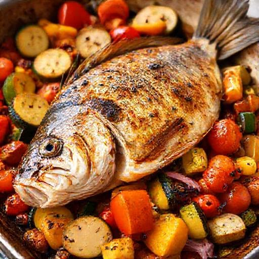 Sült tengeri sügér mediterrán zöldségekkel
