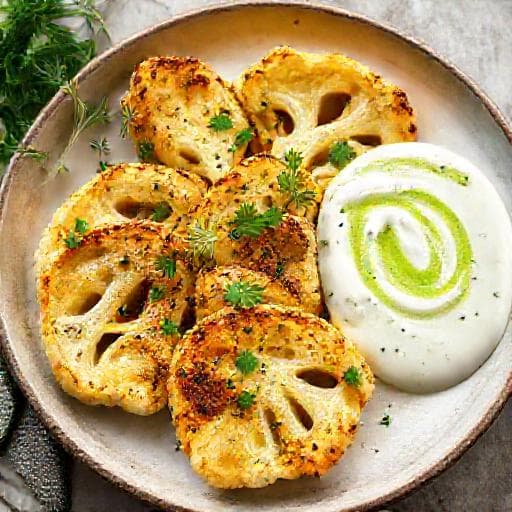 Sült karfiolszelet zöldfűszeres joghurtmártogatóssal