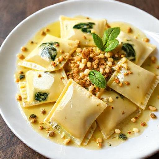 Ricottás-spenótos Ravioli Citromos Vajmártással és Pisztáciával