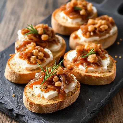 Kecskesajtos Crostini Dióval és Karamellizált Hagymával