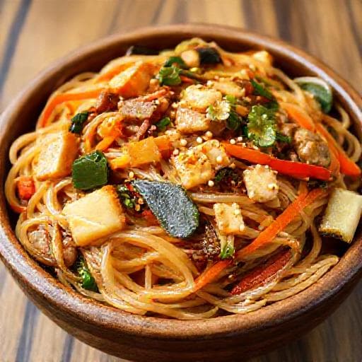 Japchae Tofuval és Zöldségekkel (Vegetáriánus)