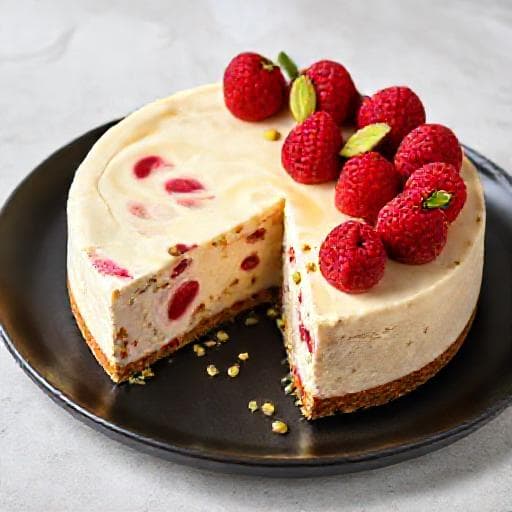 Fehér Csokoládés Pisztáciás Sajttorta Málnával