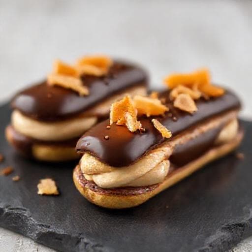 Csokoládés Éclair Mogyorókrémmel és Karamelldarabokkal