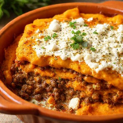 Édesburgonyás tál darált hússal és fetás cottage cheese-zel (Mediterrán csavar)