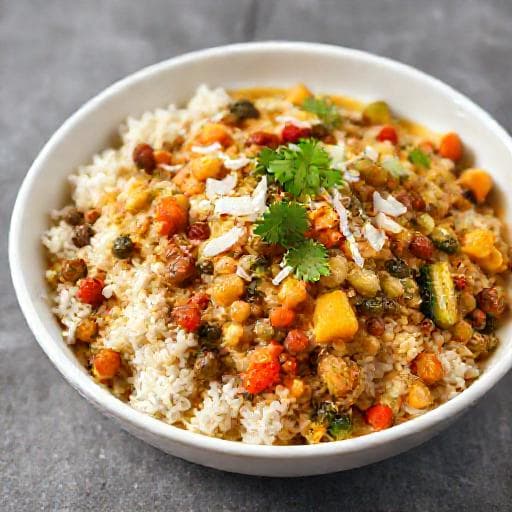 बिसी बेले भात विद नारियल और सब्ज़ियों का ट्विस्ट