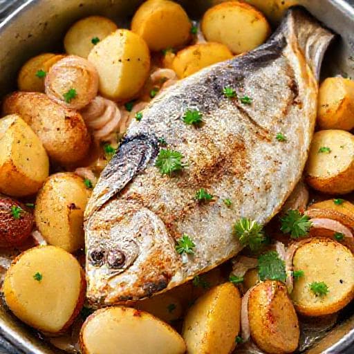 Бърза скумрия на фурна с картофи
