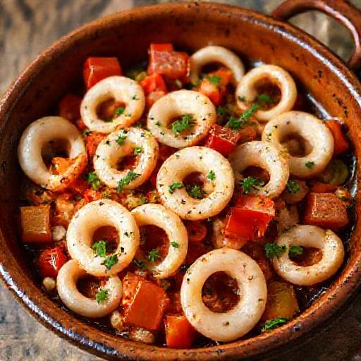 Калмари на тиган с домати и чушки