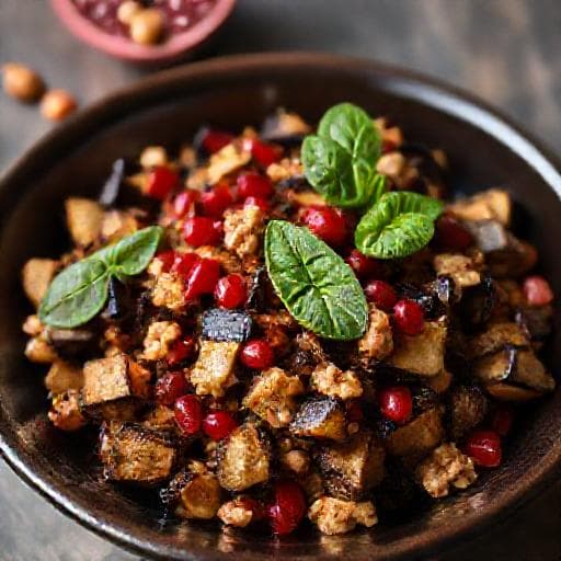 Салата от печени патладжани с орехи и нар