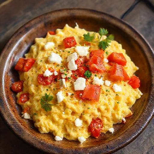 Класически бъркани яйца с домати и сирене