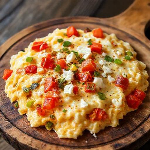 Бъркани яйца с домати, сирене и чушка