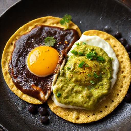 Huevos Divorciados con Mole y Salsa Verde de Aguacate