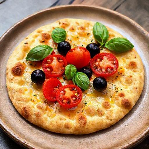 Focaccia Rápida con Aceitunas y Tomates
