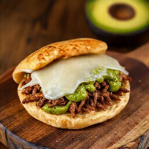 Arepa Pelúa con Guasacaca y Queso Fundido