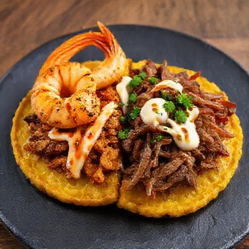 Patacón 'Mar y Tierra' con Camarones y Carne