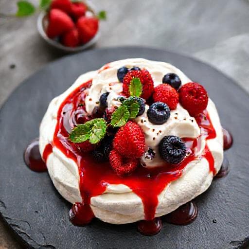 Pavlova de Frutos Rojos con Coulis y Menta