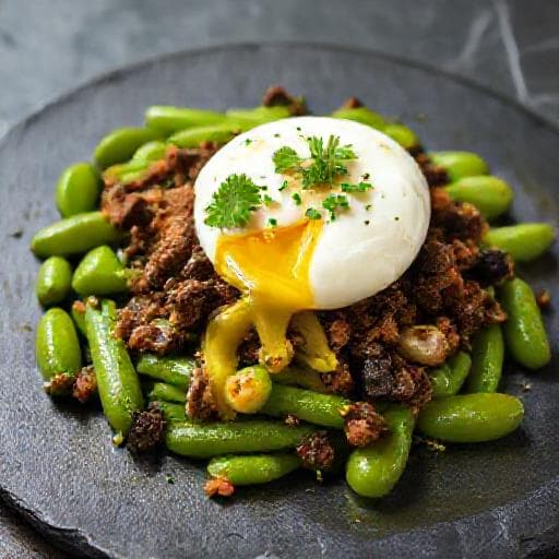 Habas Frescas con Butifarra Negra y Huevo Escalfado