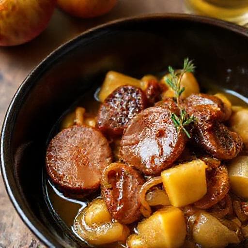 Chistorra a la Sidra con Manzana y Cebolla Caramelizada