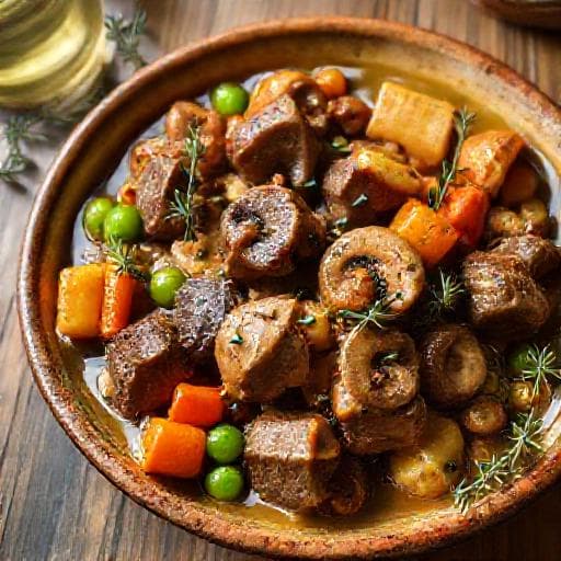 Ternera a la Jardinera con Setas y Vino Blanco