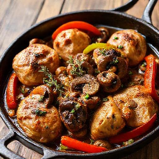 Pollo a la Cerveza con Champiñones y Pimientos