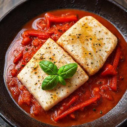 Bacalao con Tomate y Pimientos Asados
