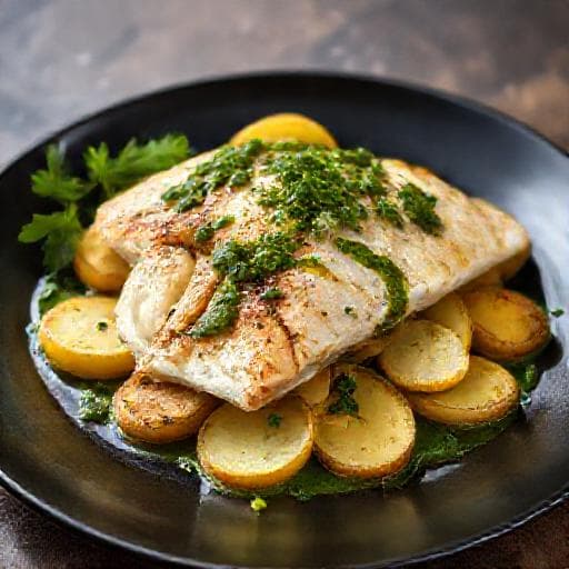Rodaballo al Horno con Patatas Panadera y Salsa Verde