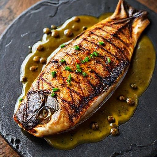 Grillet Fjeldørred med Brunet Smør, Sennep og Kapris