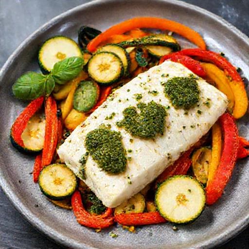 Hurtig Torsk med Pesto og Grøntsager