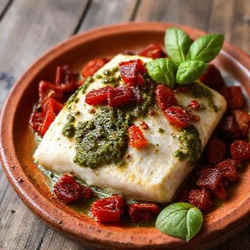 Torsk med Pesto og Soltørrede Tomater