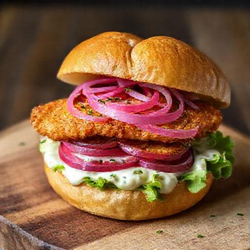 Fiskeburger med Syltet Rødløg og Dildremoulade